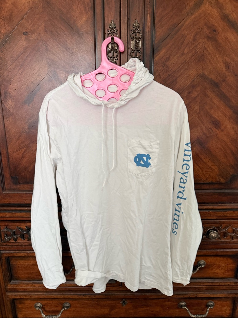 Vineyard Vines White Kids Long-Sleeve Hoodie Tee with Carolina Blue Logo